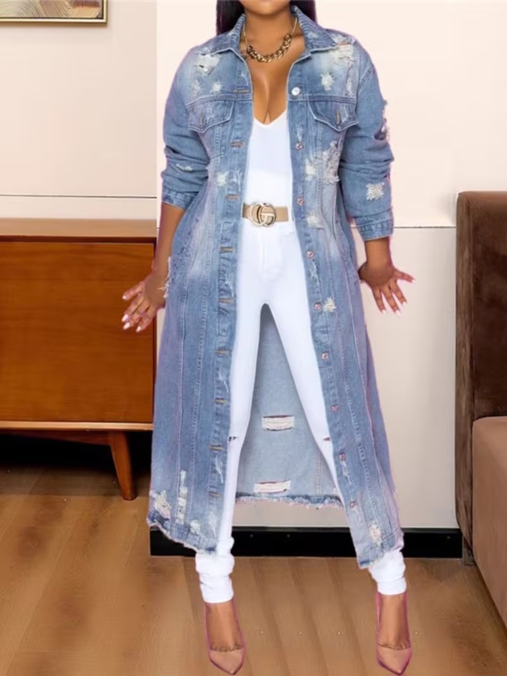 Cool Distressed Blue Denim Midi Maxi Coat Long Jacket